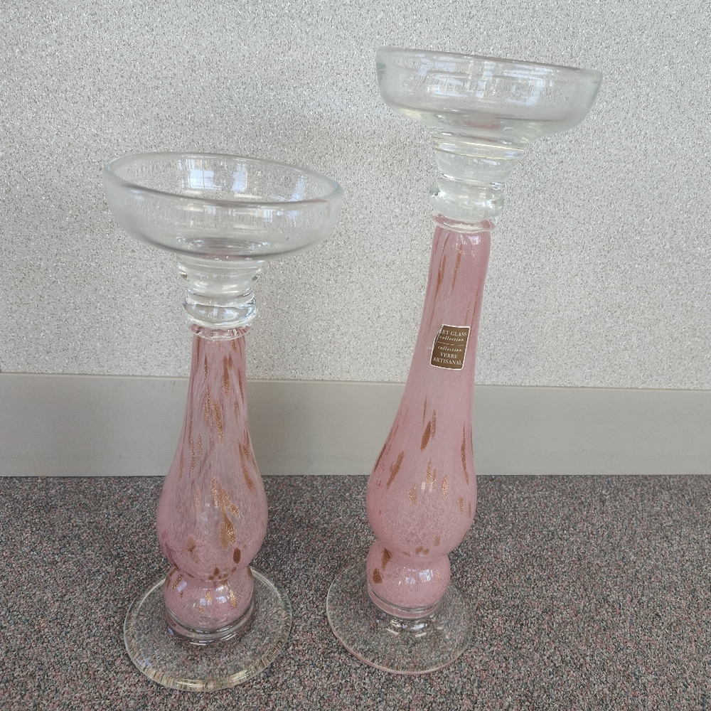 pink Verre Artesian Art Glass Candlesticks